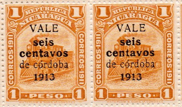Nicaragua stamps 1913 surcharges Locomotive 6c / 1 Peso large 't' in 'centavos' 